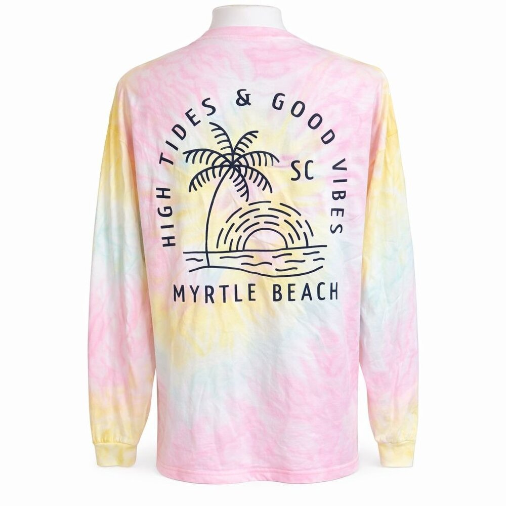 High Tides Good Vibes Tee Myrtle Beach Tie Dye Long Sleeve Shirt Coastal Graphic - Picture 2 of 14